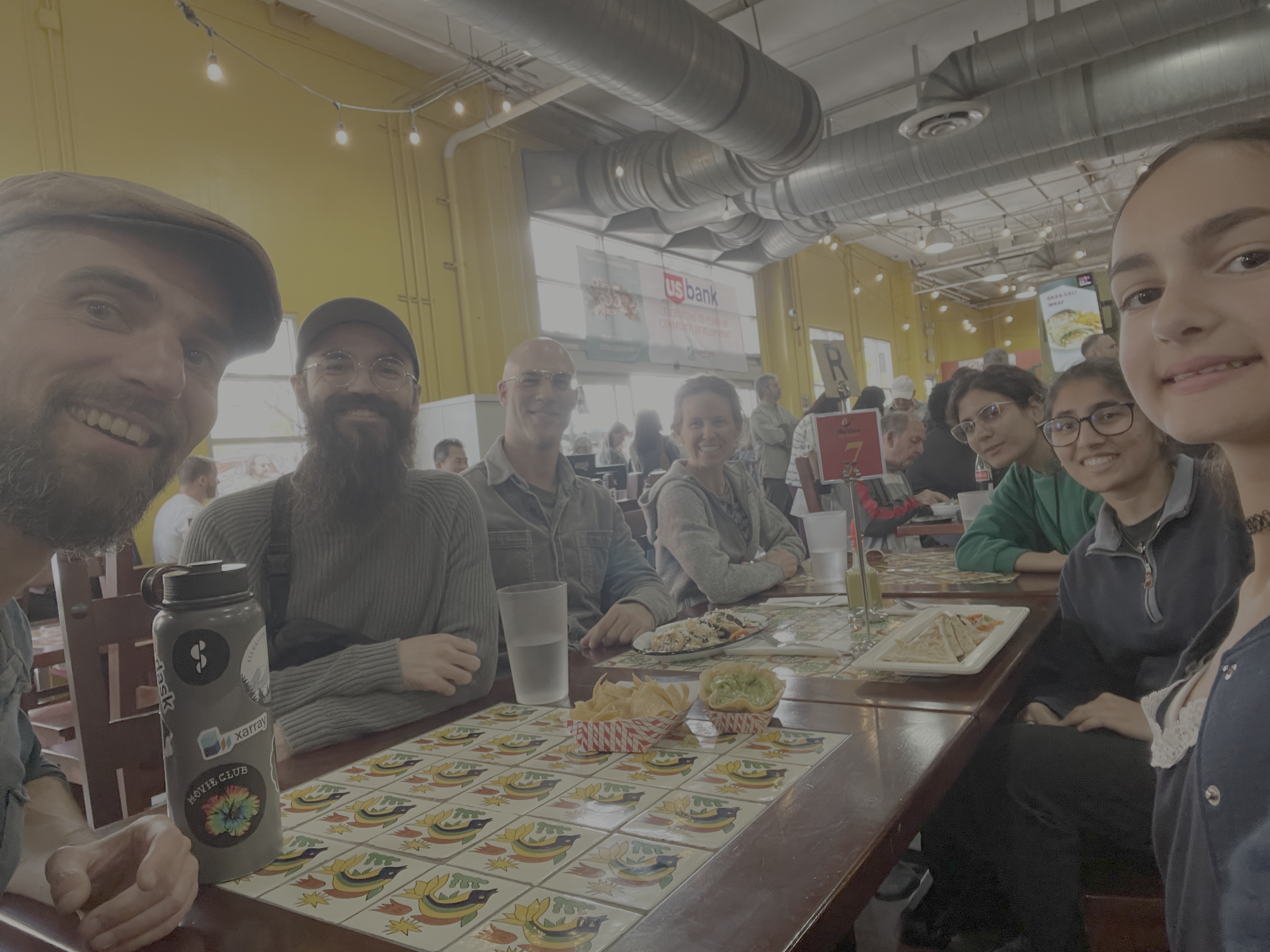The lab at lunch, May 2025. From left to right: Julien, Alex James, Francis Murray, Jordan Landers, Maryam Niati, Tanaya Gondhalekar, and a potential future recruit.